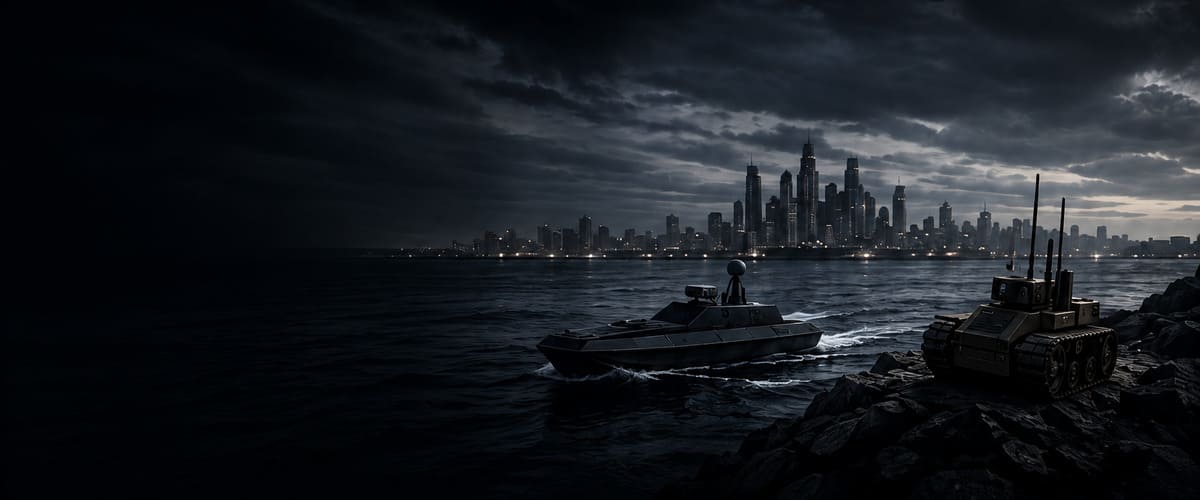 Autonomous Darkstar drone formation above a coastal city at night